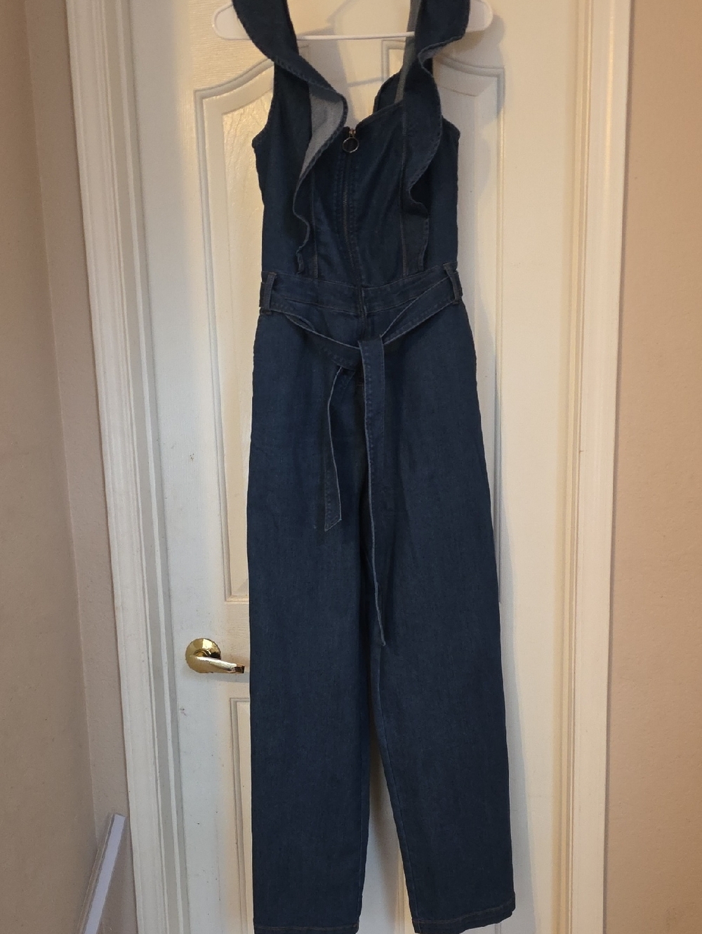 Denim Ruffle Halter Jumpsuit with Tie Belt - Dark Blue